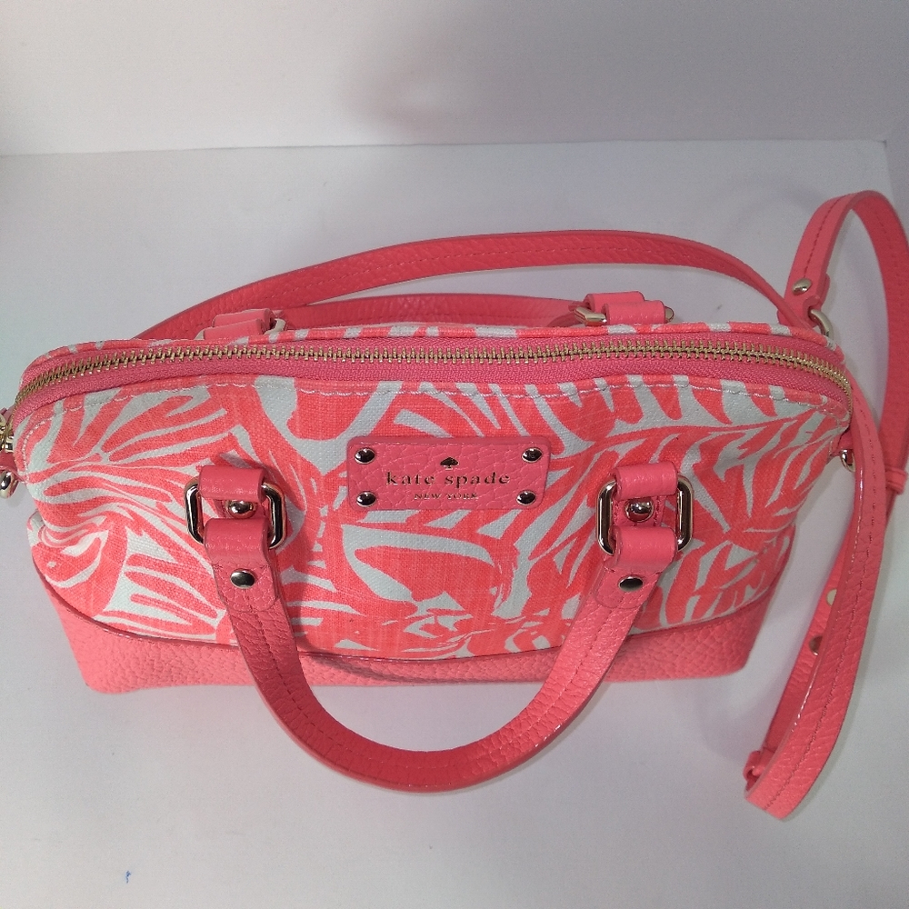 RARE Kate Spade Genuine Leather Pink & White Canvas Palm Tree Satchel Cr… - Picture 7 of 16